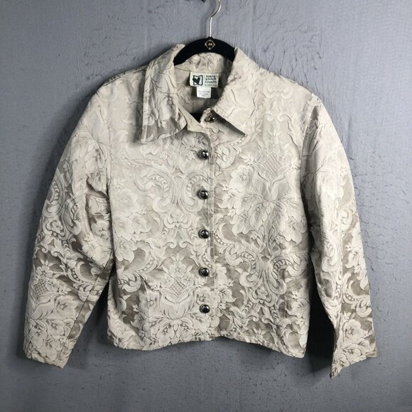 Vintage Western Jacket Womens Medium Cream Brocade Embossed Floral Feminine - Picture 1 of 16
